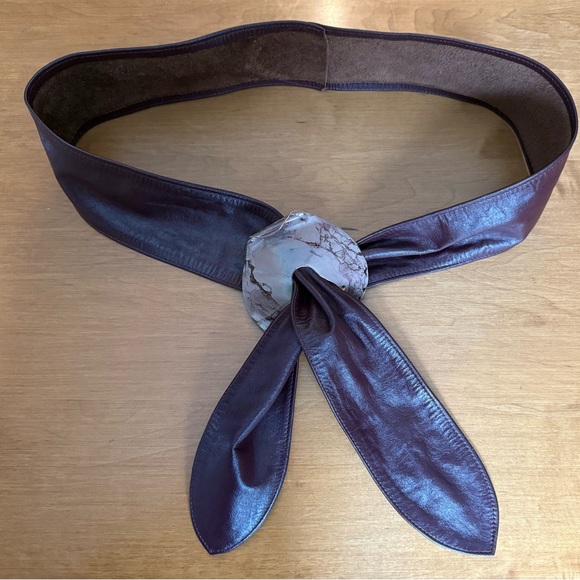 Accessories - 1980s Chocolate Brown Leather Belt w/ Artistic Metal Slider Buckle